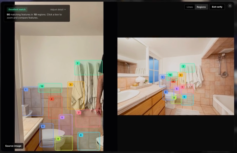 Software comparing two bathroom photos with numbered bounding boxes identifying matching visual features.