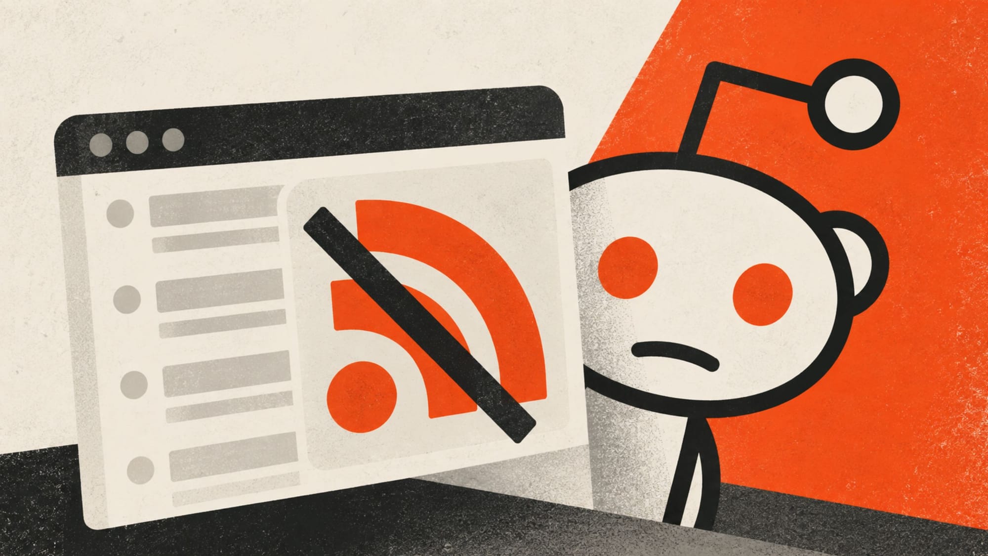 Illustration of a sad Reddit alien next to a browser window displaying a crossed-out RSS feed logo.