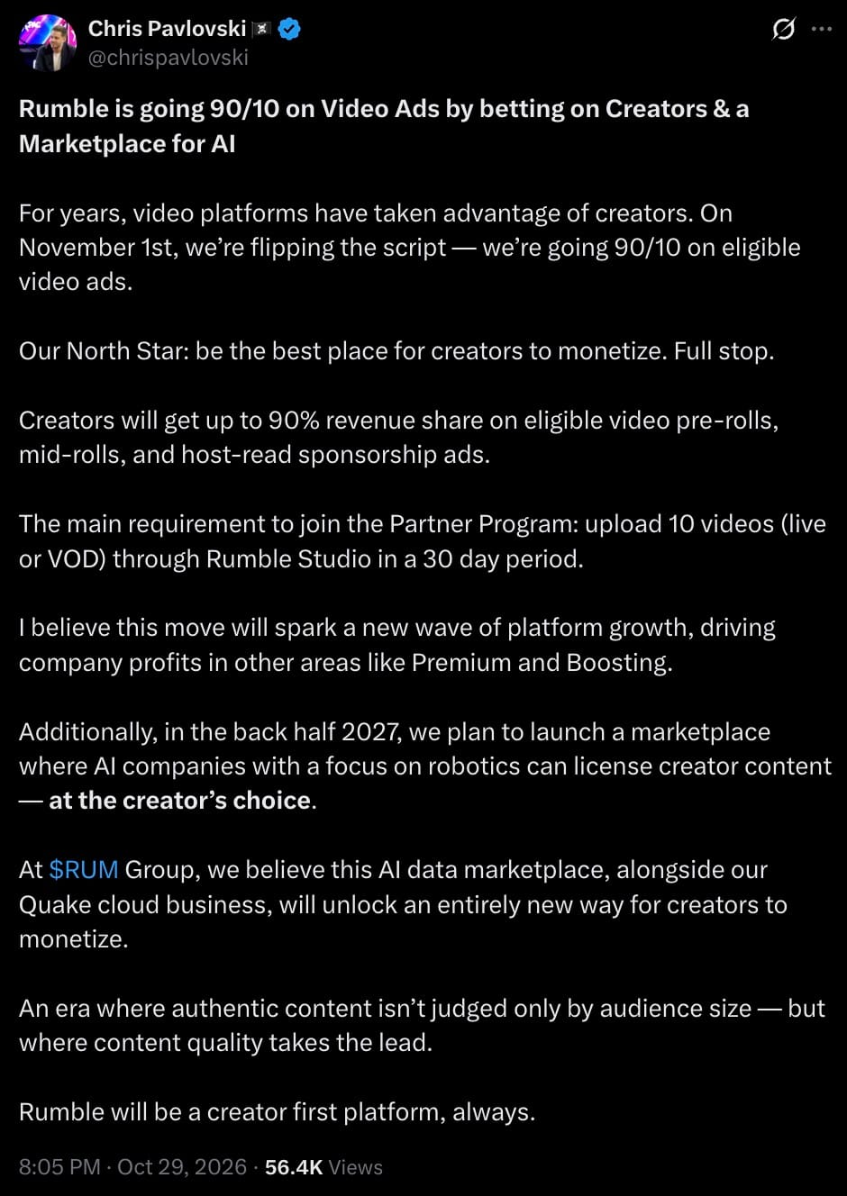 X post from Chris Pavlovski announcing Rumble will offer creators a 90/10 revenue share on eligible video ads.