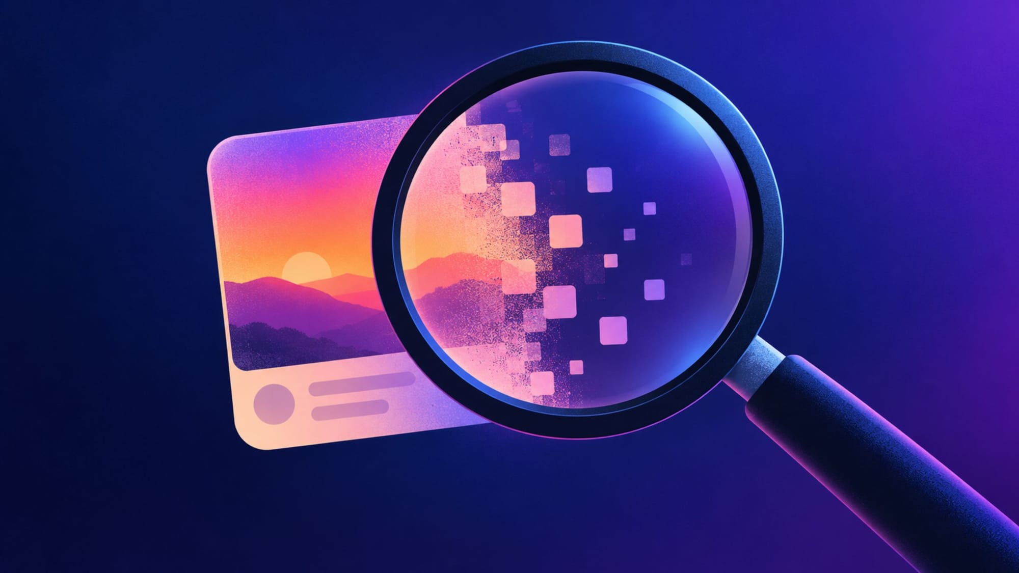 A magnifying glass reveals a landscape photo card dissolving into digital pixel blocks.