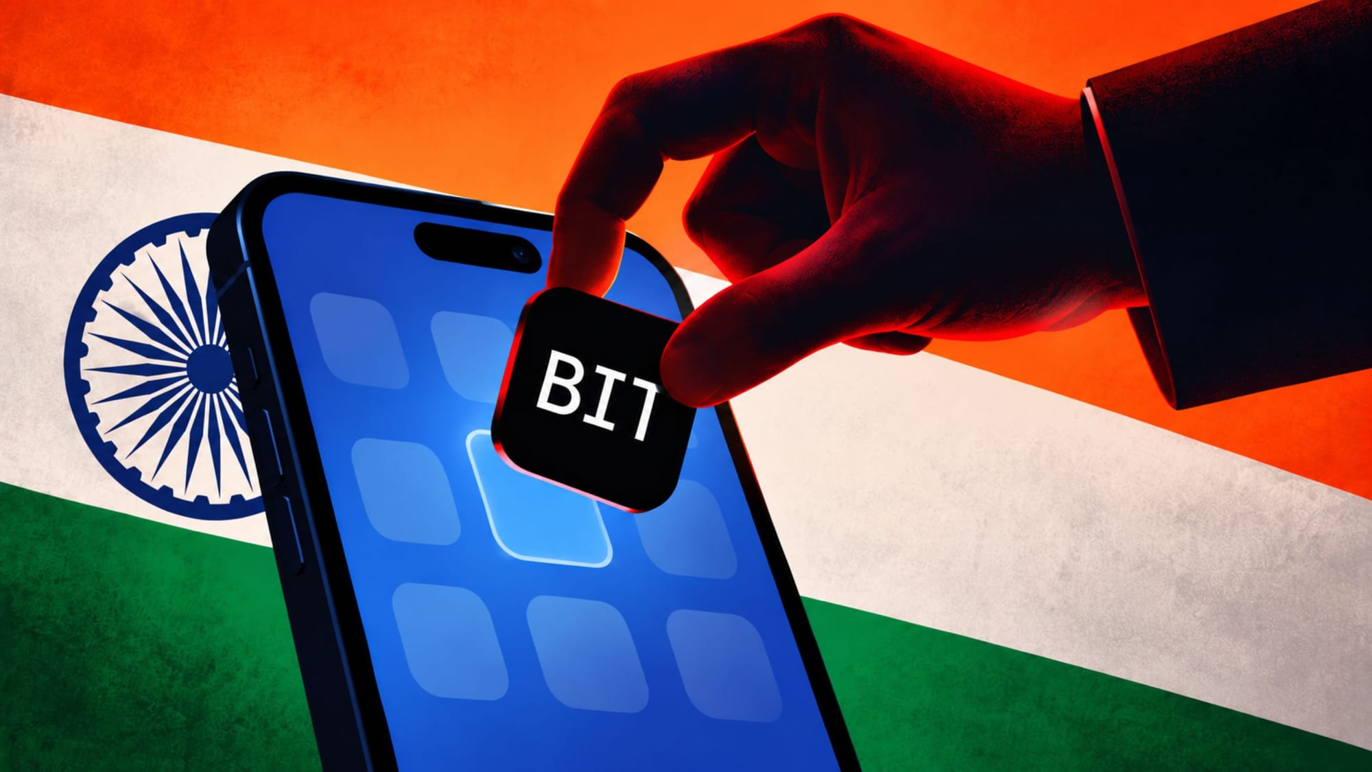 Hand placing a black app icon with BIT text onto a smartphone screen against the flag of India.